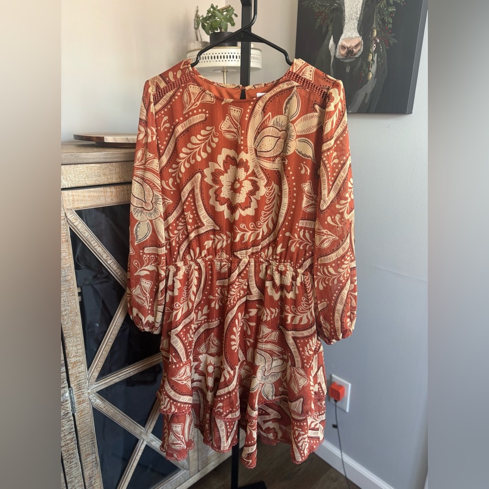 NWT Amsterdam Boutique Rust Floral Long Sleeve Flowy Boho Mini Dress